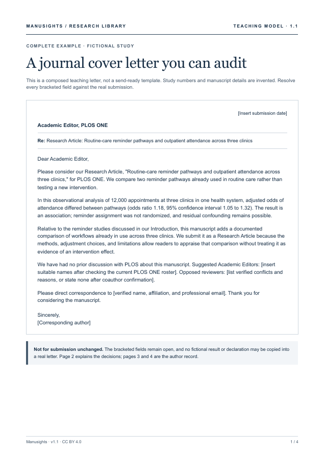 First page of Journal cover letter model and planning record