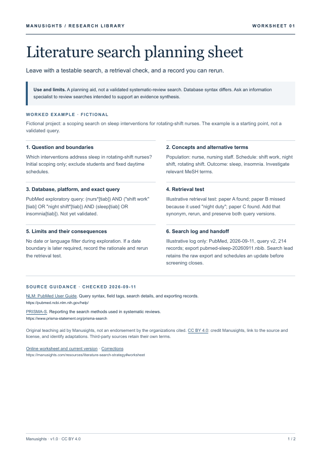 First page of Literature search planning sheet