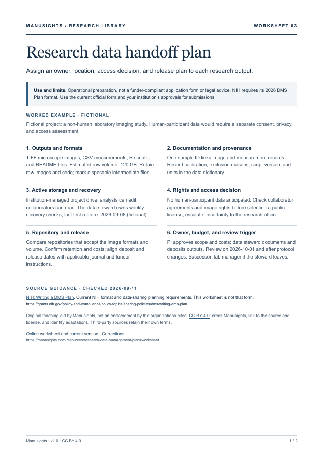 First page of Research data handoff plan
